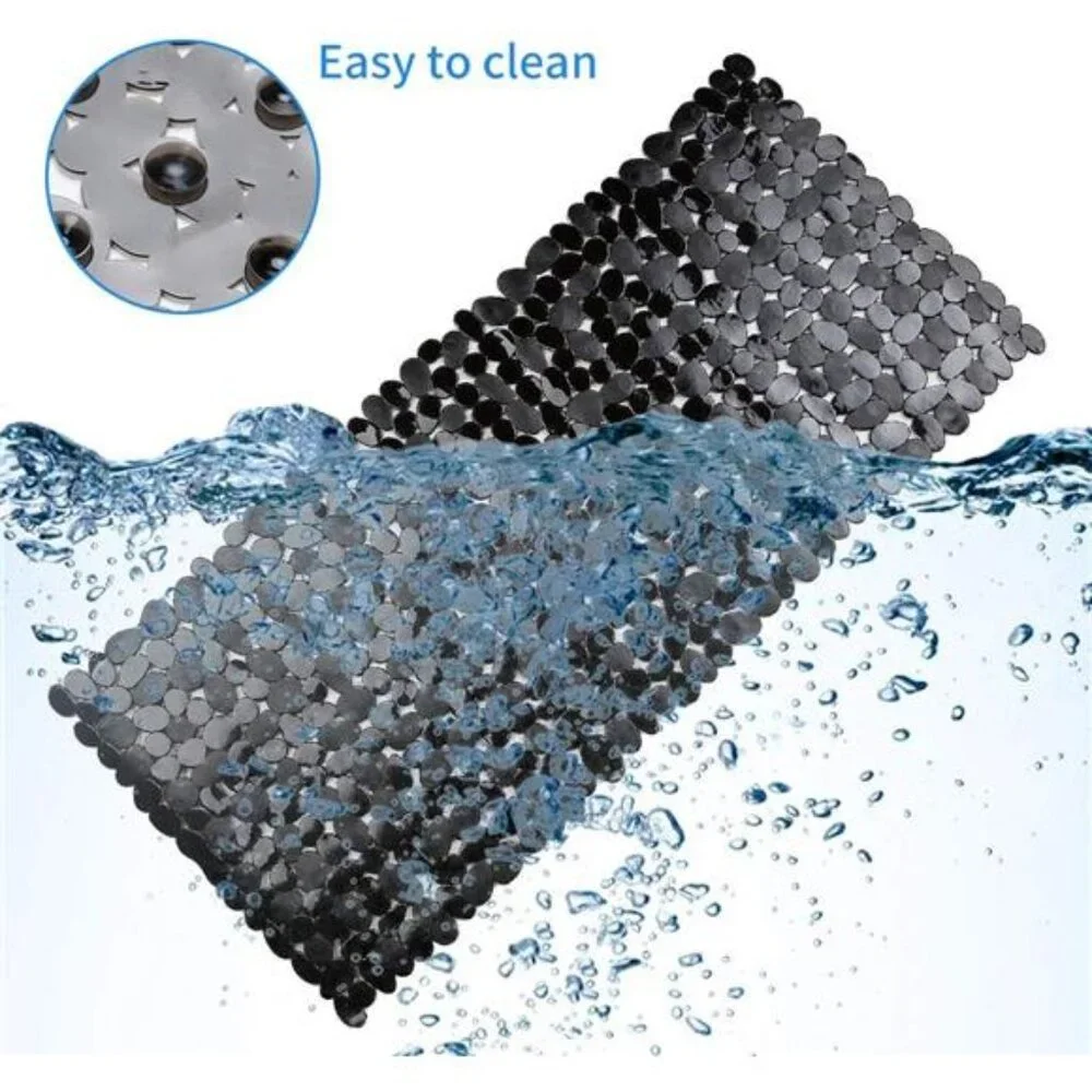 Non Slip Pebble Bathtub Mat Black Shower Mat Suction Cups Drain Holes PVC Bath